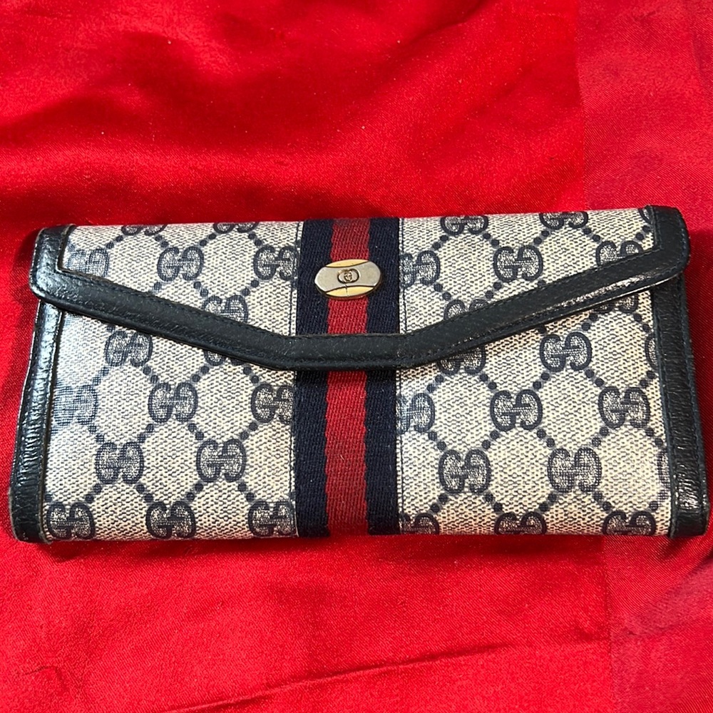 Authentic Vintage Gucci Bifold Long Wallet Blue Canvas